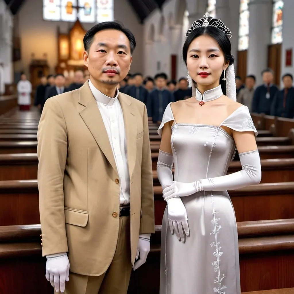 Prompt: A beautiful Chinese woman wears beautiful clothes, and white long silk gloves. She stands beside her husband in a Catholic church.