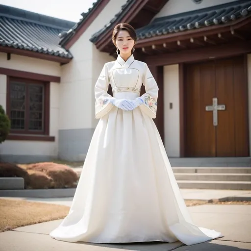 Prompt: A beautiful woman wears beautiful Korean traditional dress, and long white silk gloves. She stands outside a modern Catholic church. Full body picture.