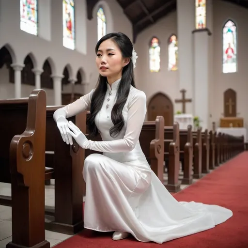 Prompt: A beautiful Chinese woman wears long white silk gloves. Modest. She kneels and prays in Catholic church. Full body.