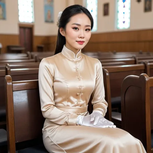 Prompt: A beautiful Chinese woman wears beige long-sleeves clothes, and white long silk gloves. Modest. She sits straight on chairs, put her hands on her lap, in Catholic church