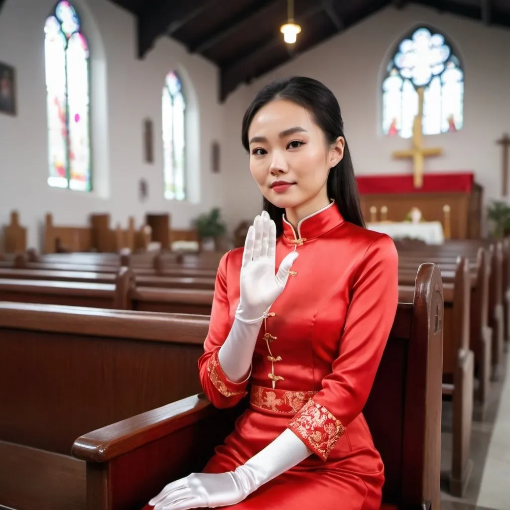 Prompt: A beautiful Chinese woman wears red long-sleeves clothes, and white long silk gloves. Modest. She sits straight on chair in Catholic church, with prayer hand gesture.