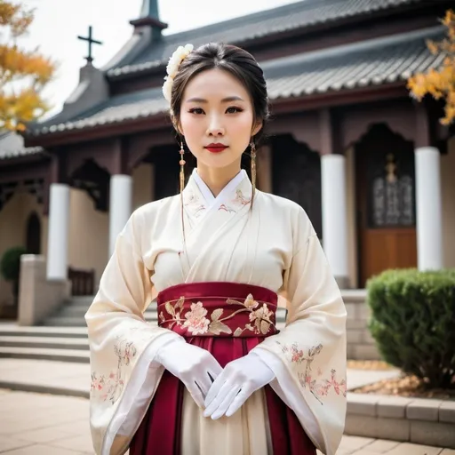 Prompt: A beautiful Chinese woman wears beautiful Hanfu, and long white silk gloves. She stands outside a western-style Catholic church. Full body picture.