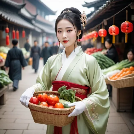 Prompt: A beautiful Chinese woman wears Hanfu, and white long silk gloves. She is shopping in the market, carrying some vegetables in a basket.