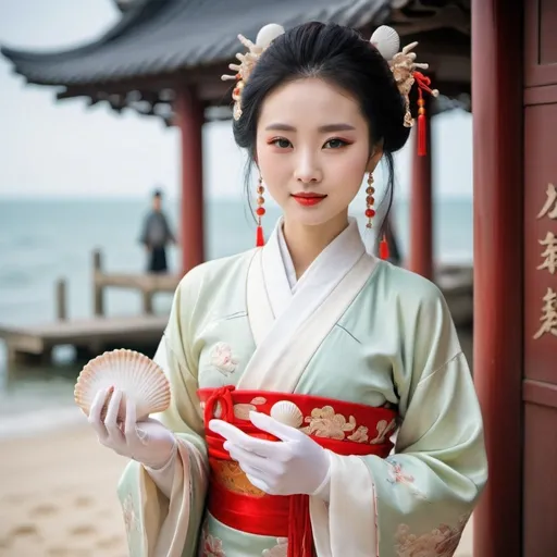Prompt: A beautiful Chinese woman wears Hanfu, and white long silk gloves. She sells seashells on the seashore.