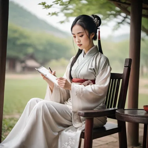 Prompt: A beautiful Chinese woman wears Hanfu and white long silk gloves. She is writing notes while sitting on a chair in rural area.