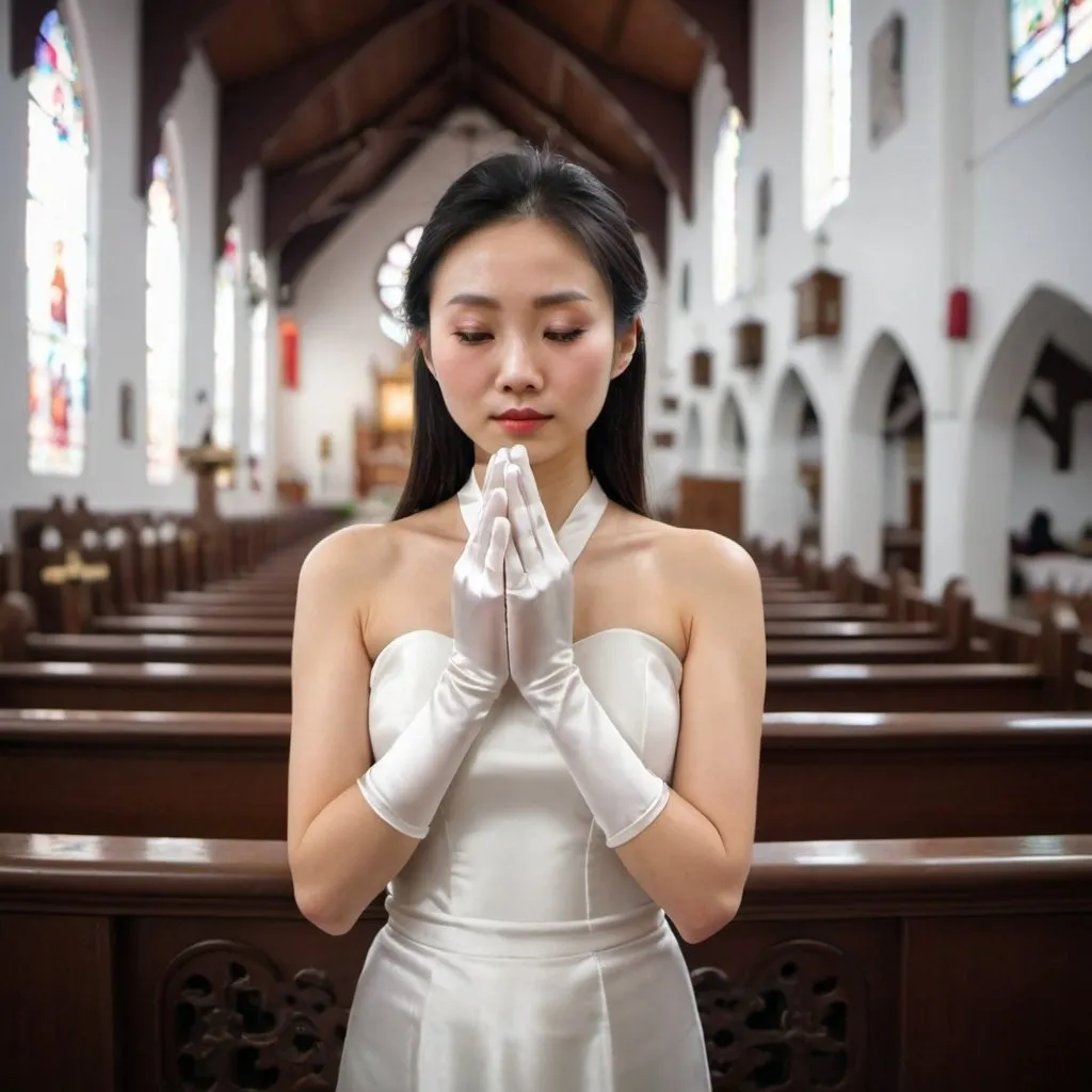 Prompt: A beautiful Chinese woman wears white long silk gloves. She prays in a Catholic church.