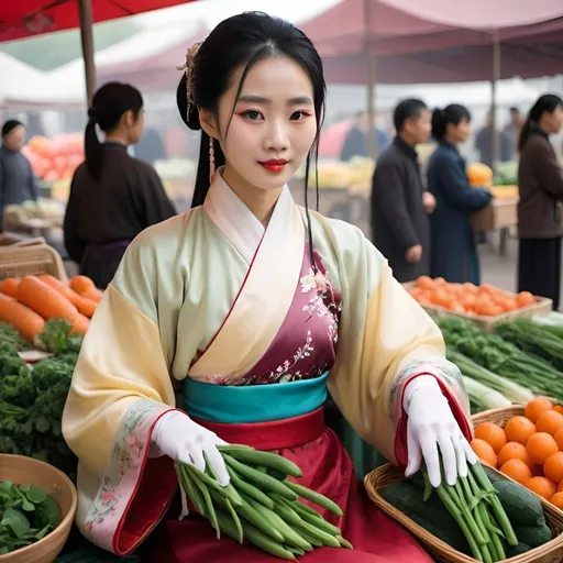 Prompt: A beautiful Chinese woman wears Hanfu, and long satin gloves. She is selling vegetables at the market.