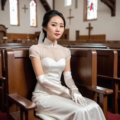 Prompt: A beautiful Chinese woman wears long white silk gloves. Modest. She sits straight on chair, in Catholic church. Full body.