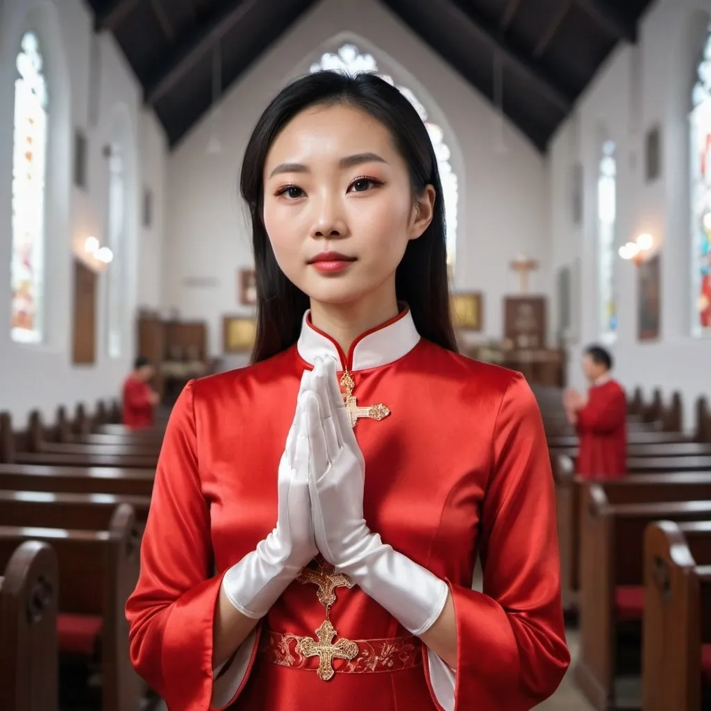 Prompt: A beautiful Chinese woman wears red long-sleeves clothes, and white long silk gloves. Modest. She stands, and prays in Catholic church. 