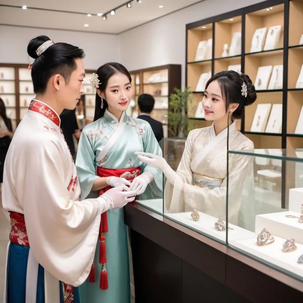 Prompt: In a modern jewelry store, a beautiful Chinese woman wearing short-sleeves Hanfu and long white satin gloves, is explaining to a pair of couples. 