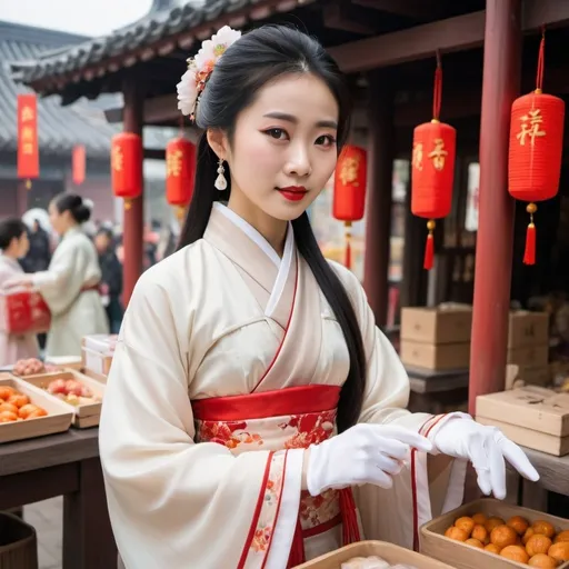 Prompt: A beautiful Chinese woman wears beautiful Hanfu and long white silk gloves. She sells food packages in a stall.
