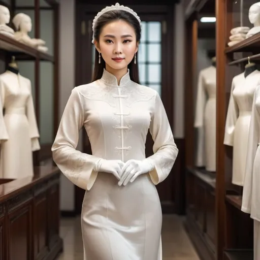 Prompt: A beautiful Chinese woman wears beautiful long-sleeves clothes, and white long silk gloves. Modest Catholic attire. Realistic. She works in a clothes shop. Full body.