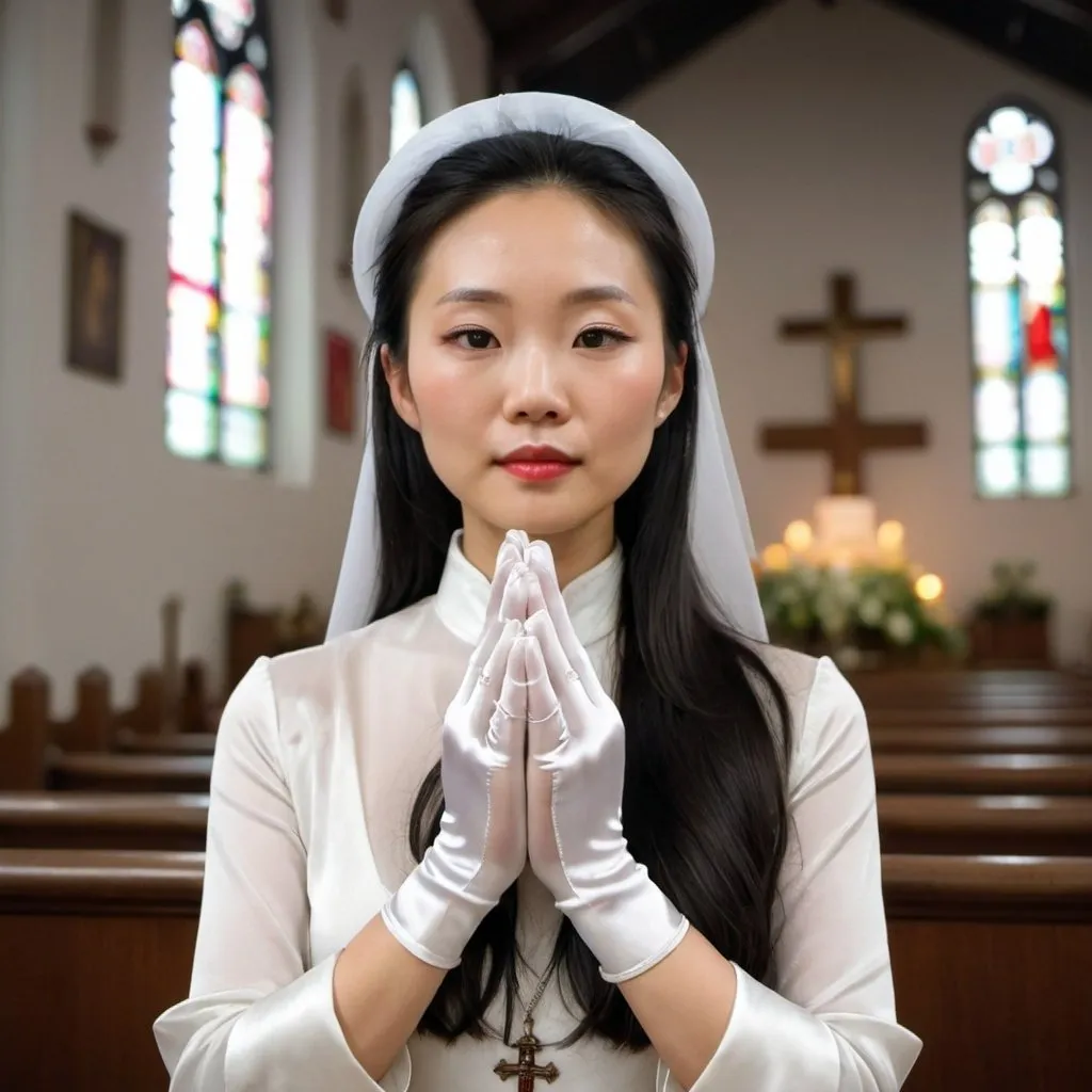 Prompt: A beautiful Chinese woman wears white long silk gloves. She prays in a Catholic church.