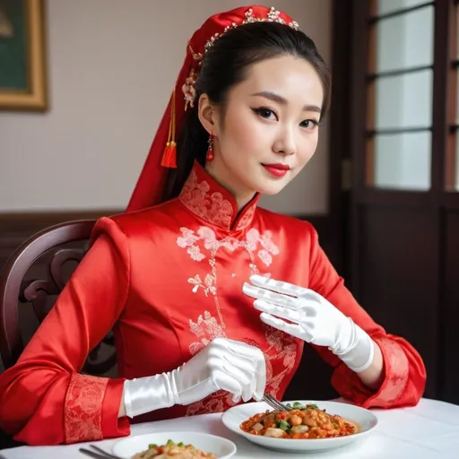 Prompt: A beautiful Chinese woman wears beautiful red long-sleeves clothes, and white long silk gloves. Modest. She serves some vegetarian food on the table. Catholic background.