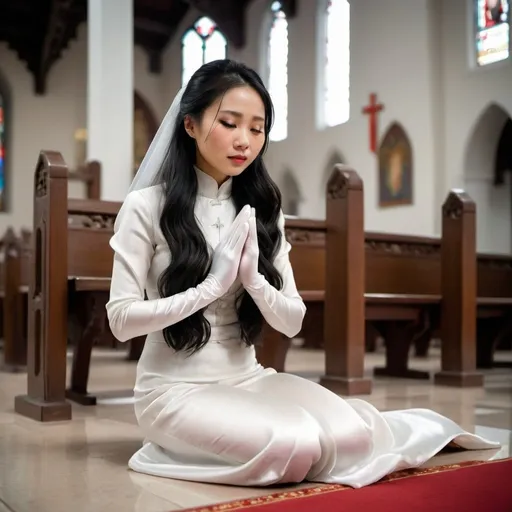 Prompt: A beautiful Chinese woman wears long white silk gloves. Modest. She kneels on the ground, and prays in Catholic church. Full body.