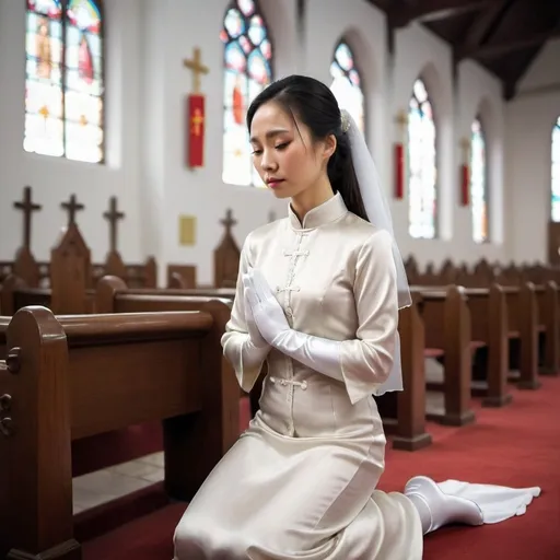 Prompt: A beautiful Chinese woman wears long white silk gloves. Modest. She kneels and prays in Catholic church. Full body.