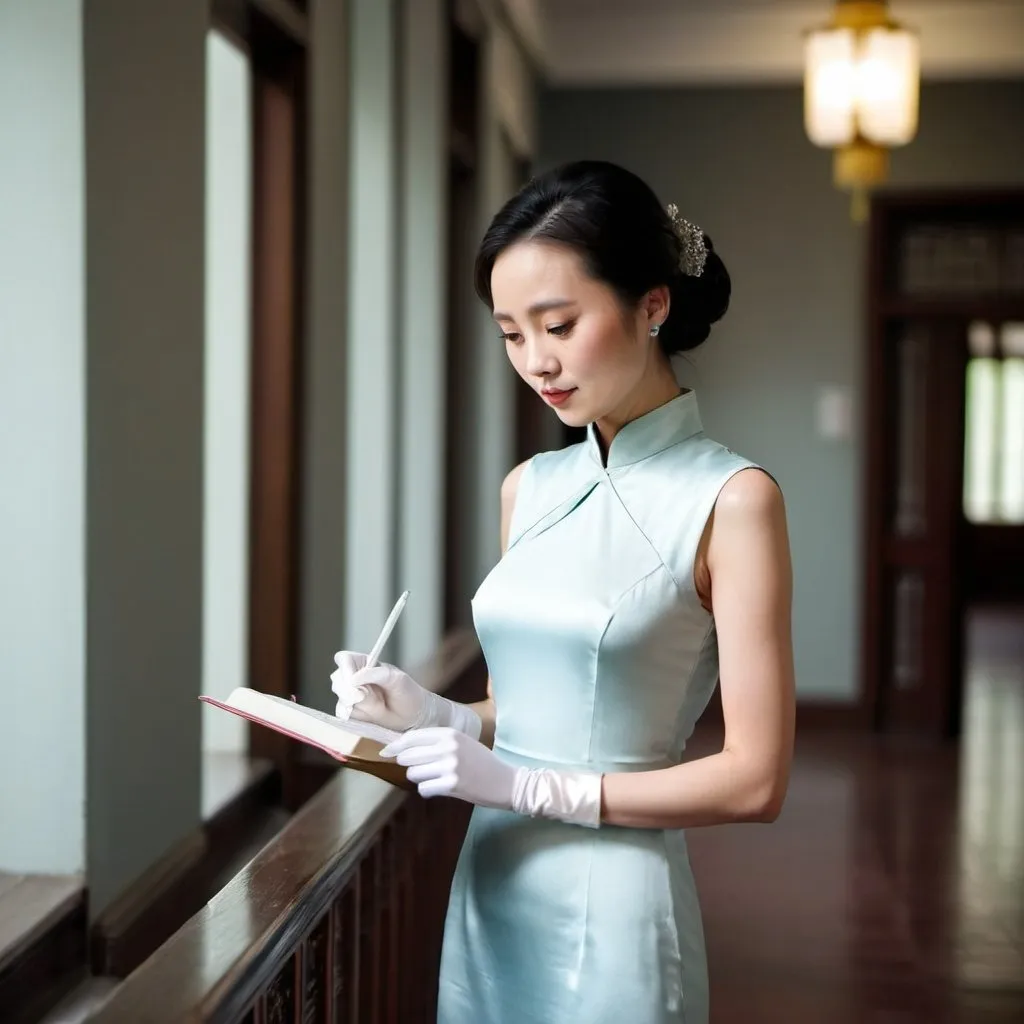 Prompt: A beautiful Chinese woman wears sleeveless dress and white silk long gloves. The gloves' length reach the upper arm. She is writing notes in a notebook. She is standing in a corridor. 