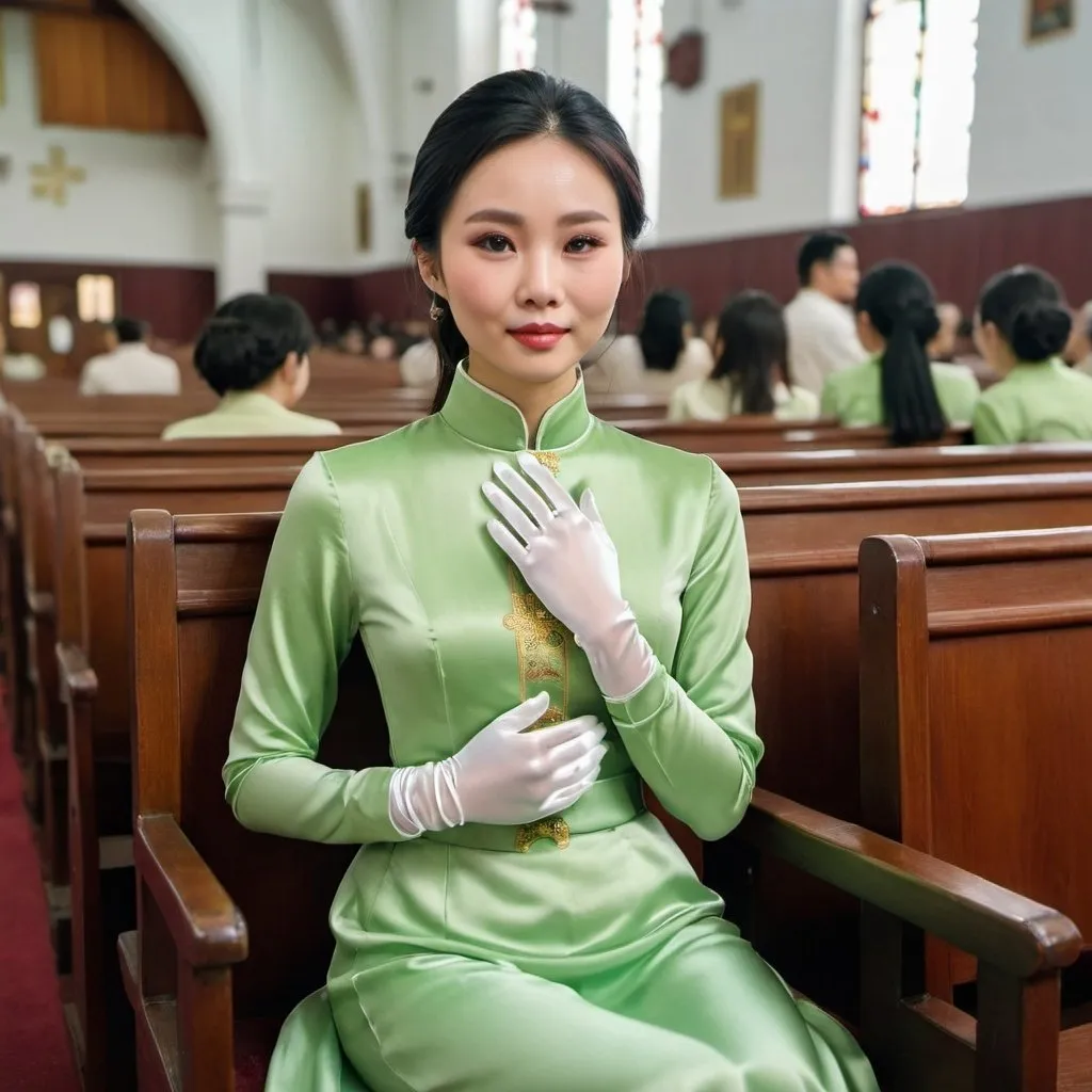 Prompt: A beautiful Chinese woman wears light green long-sleeves clothes, and white long silk gloves. Modest. She sits straight on chairs, put her hands on her lap, in Catholic church