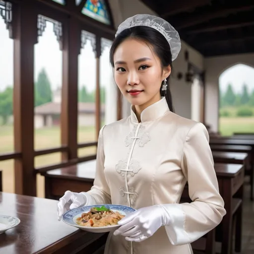 Prompt: A beautiful Chinese woman wears long-sleeves clothes, and white long silk gloves. Modest Catholic Attire. In a party, she is serving dishes to the table, in rural area, outside a Catholic church.