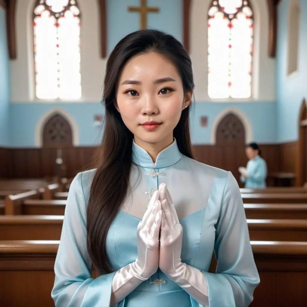 Prompt: A beautiful Chinese woman wears beautiful light blue long-sleeves clothes, and white long silk gloves. Modest Catholic attire. She prays in a Catholic church. Full body, realistic.