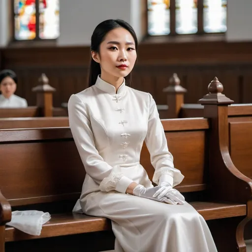 Prompt: A beautiful Chinese woman wears long-sleeves clothes, and white long silk gloves. Modest Catholic Attire. She sits straight on the bench, in Catholic church.