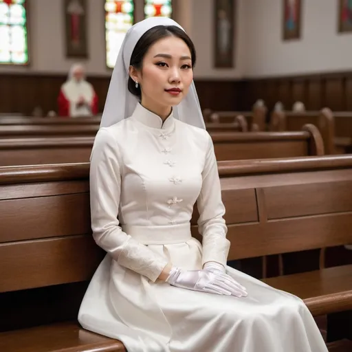 Prompt: A beautiful Chinese woman wears long-sleeves clothes, and white long silk gloves. Modest Catholic Attire. She sits straight on the bench, in Catholic church.