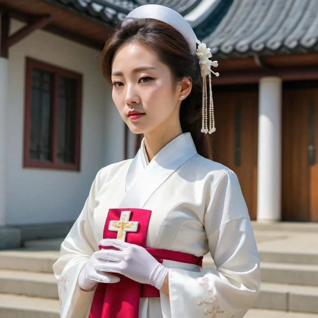 Prompt: A beautiful woman wears beautiful Korean traditional dress, and long white silk gloves. She stands outside a modern Catholic church. 