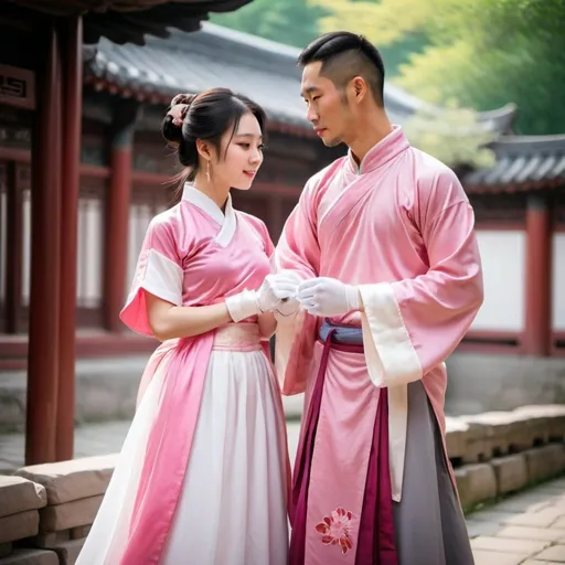 Prompt: A beautiful Chinese woman wear short-sleeves Hanfu and white long satin gloves. On her left-hand side, a handsome man is wearing a pink polo shirt and a long white skirt. They are chitchatting with each other. 