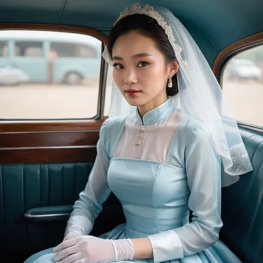 Prompt: A beautiful Chinese woman wears light blue long-sleeves clothes, and white long silk gloves. Modest Catholic Attire, veil on hair. She sits at the back seat, in an old car.