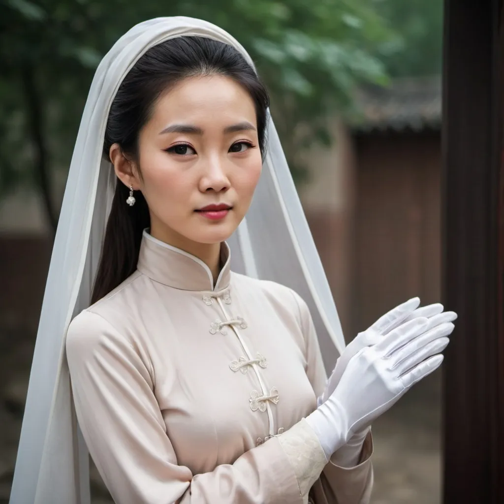 Prompt: A beautiful Chinese woman wears long-sleeves clothes, and white long silk gloves. Modest Catholic Attire, veil on hair. She rescues people in war.