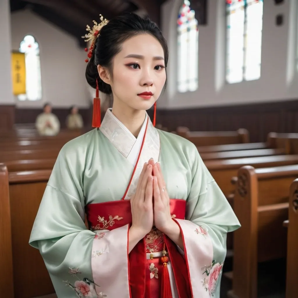 Prompt: A beautiful Chinese woman wears Hanfu, and long silk gloves. She prays in a Catholic church.