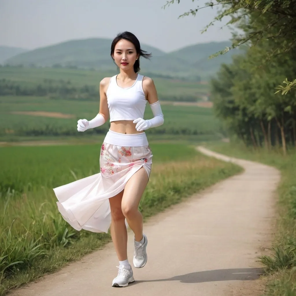 Prompt: A beautiful Chinese woman wears beautiful skirt and white long satin gloves. She is jogging in rural area