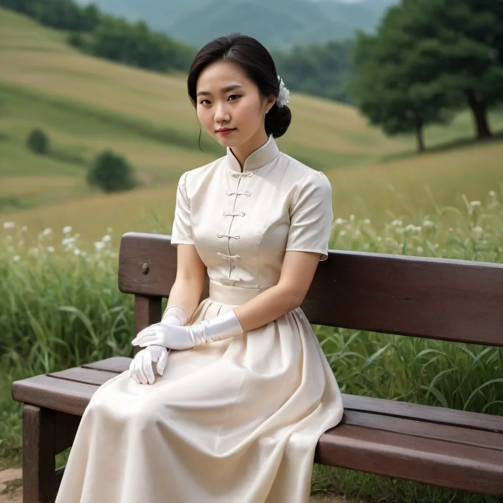 Prompt: A beautiful Chinese woman wears short-sleeves clothes, and white long silk gloves that cover to her upper arms. Modest Catholic Attire. She sits on a bench, in rural area, on a hill.