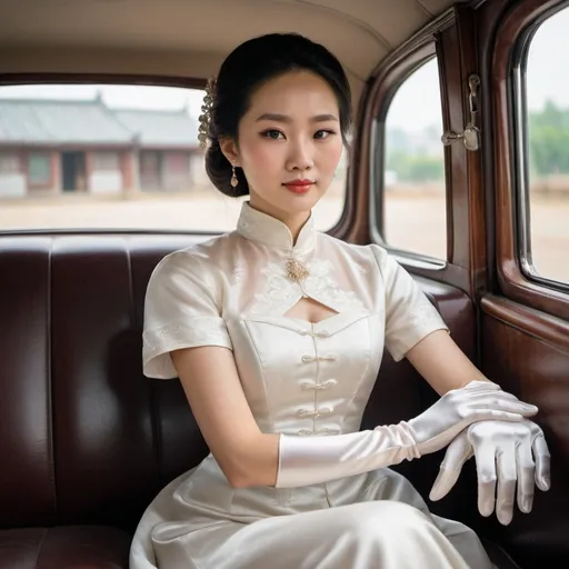 Prompt: A beautiful Chinese woman wears beautiful short-sleeves clothes, and white long silk gloves that cover to upper arm. Modest Catholic Attire. She sits at the back seat, in an old car.