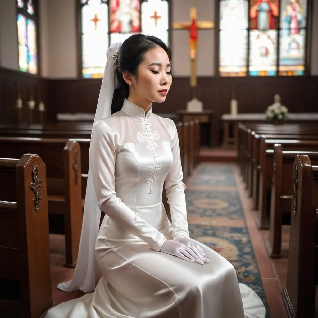 Prompt: A beautiful Chinese woman wears long white silk gloves. Modest. She kneels and prays in Catholic chapel. Full body.