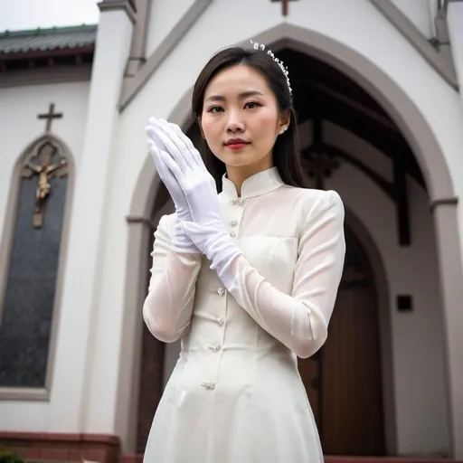 Prompt: A beautiful Chinese woman wears long white silk gloves. Modest. She stands outside a Catholic church. Full body picture.