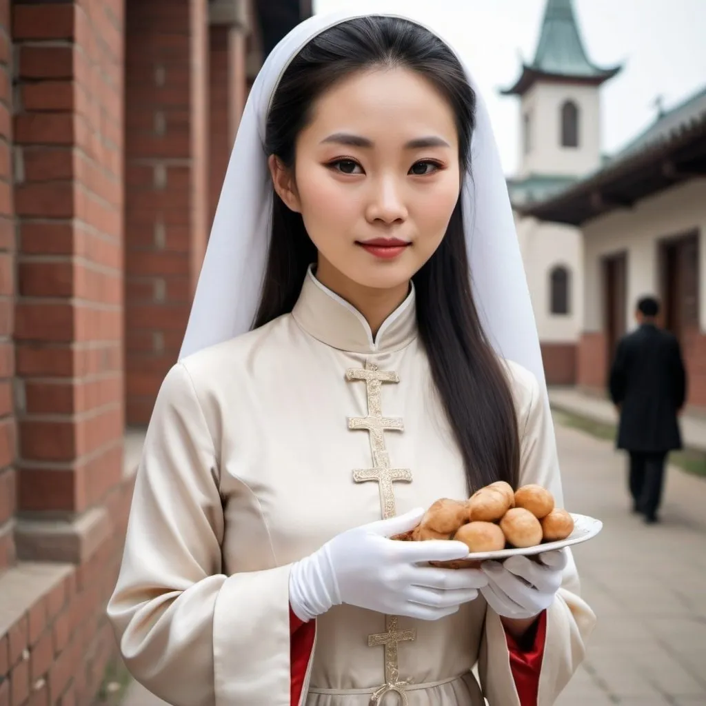 Prompt: A beautiful Chinese woman wears beautiful long-sleeves clothes, and white long silk gloves. Modest Catholic attire. Realistic. She gives food to the poor people, outside a catholic church.