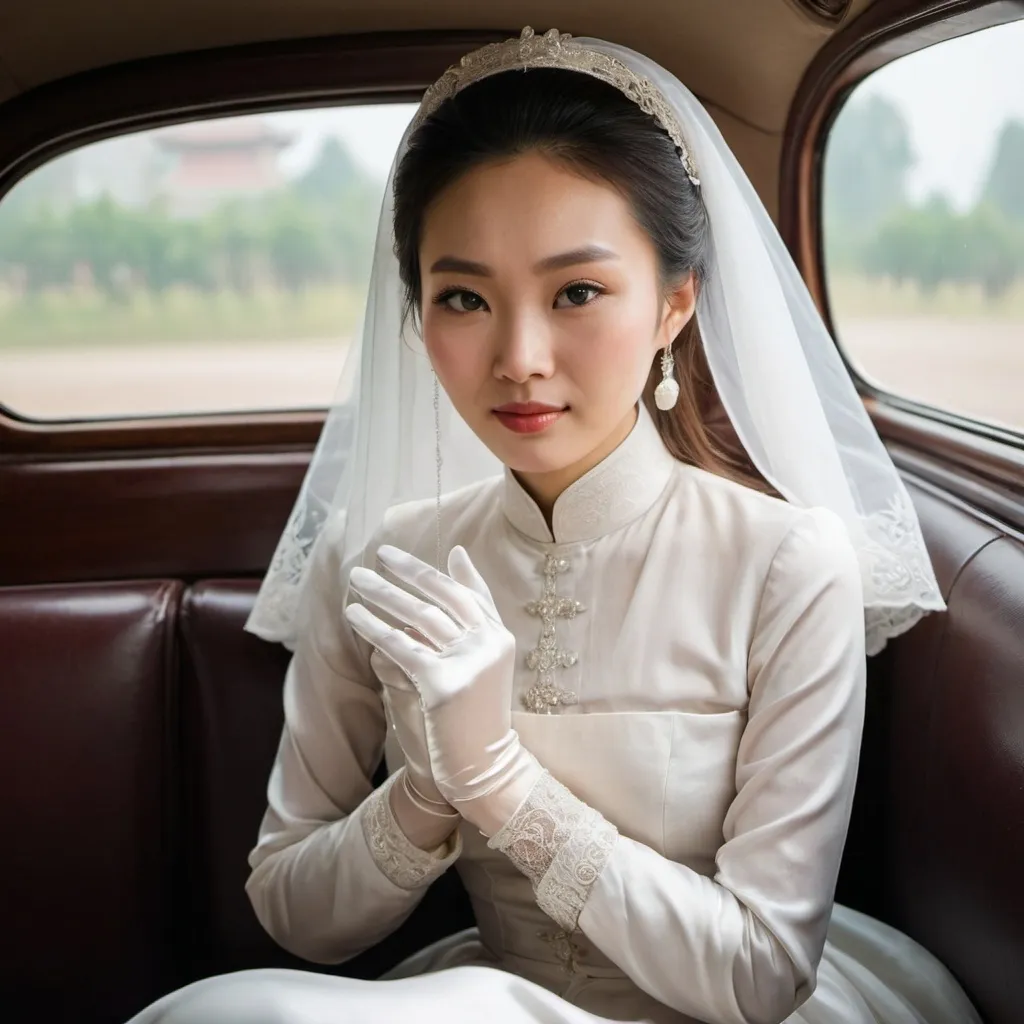 Prompt: A beautiful Chinese woman wears long-sleeves clothes, and white long silk gloves. Modest Catholic Attire, veil on hair. She sits at the back seat, in an old car.