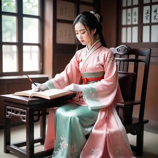 Prompt: A beautiful Chinese woman wears beautiful Hanfu, and long silk gloves. She sits on a chair, and writes on a book.