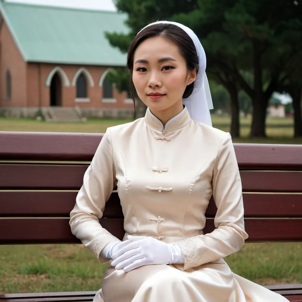 Prompt: A beautiful Chinese woman wears long-sleeves clothes, and white long silk gloves. Modest Catholic Attire. She sits straight on the bench, in rural area, outside a Catholic church.