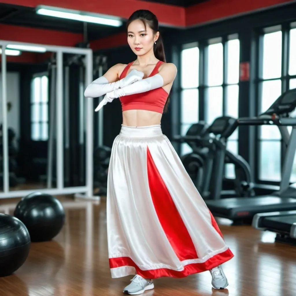 Prompt: A beautiful Chinese woman wears a long skirt and white long satin gloves. She is doing workout in a gym