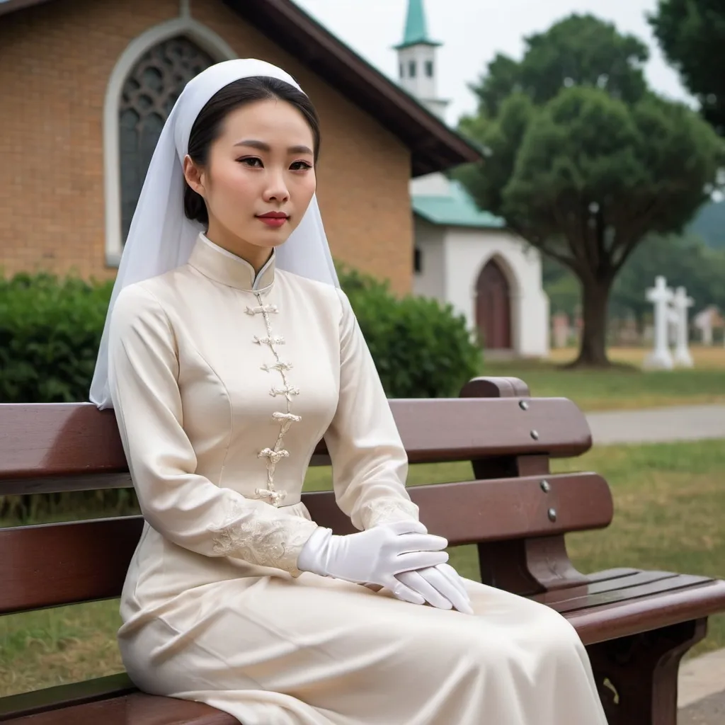 Prompt: A beautiful Chinese woman wears long-sleeves clothes, and white long silk gloves. Modest Catholic Attire. She sits straight on bench, in rural area, outside a Catholic church.