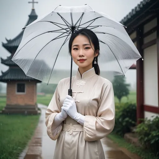 Prompt: A beautiful Chinese woman wears beautiful long-sleeves clothes, and white long silk gloves. Modest Catholic attire. She stands in rural area, carries an umbrella at rainy day, behind her at distant is a Catholic church. Realistic.