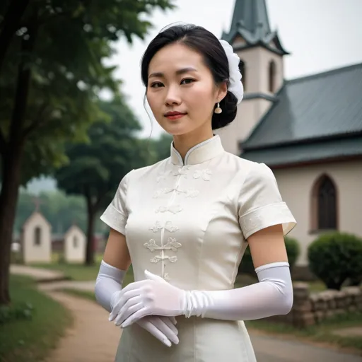 Prompt: A beautiful Chinese woman wears beautiful short-sleeves clothes, and white long silk gloves that cover to upper arm. Modest Catholic Attire. She stands in rural area, outside a Catholic church.