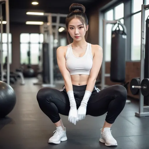 Prompt: A beautiful Chinese woman wears gym clothes, very short pants, and white long satin gloves. Her hair style is bun. She is doing workout in a gym. Full body.