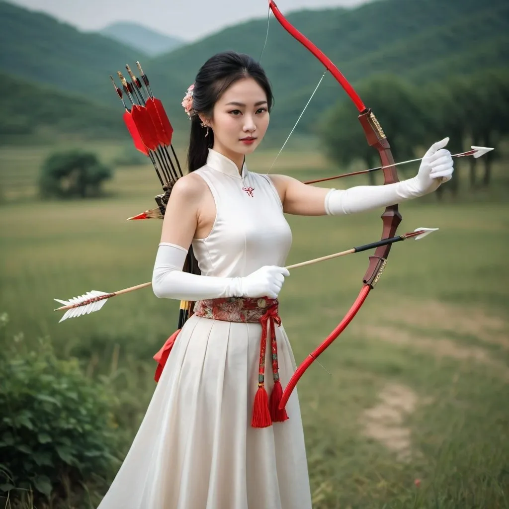 Prompt: A beautiful Chinese woman wears beautiful skirt, and white long silk gloves. She holds a bow and arrow, in rural area.