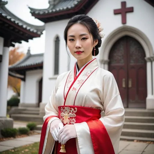 Prompt: A beautiful Chinese woman wears beautiful Hanfu and long white silk gloves. She stands outside a Catholic church. Full body picture.