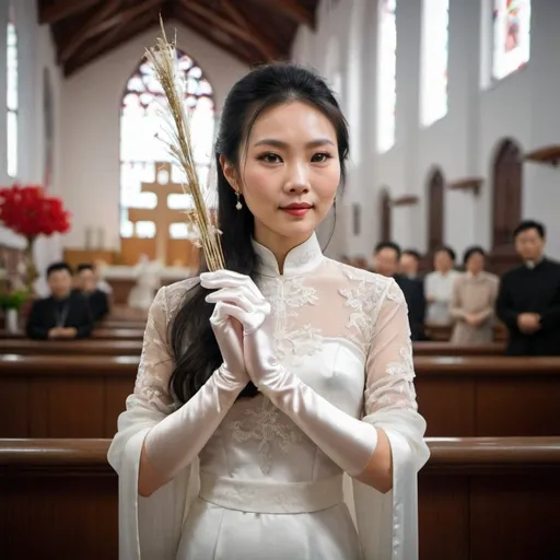 Prompt: A beautiful Chinese woman wears long silk gloves. She is in a Catholic church.