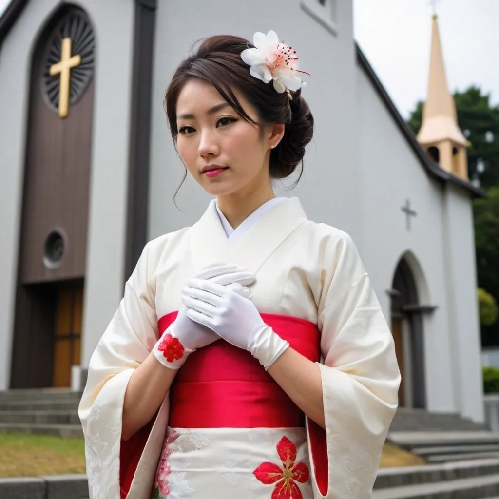 Prompt: A beautiful woman wears beautiful Japanese traditional dress, and long white silk gloves. She stands outside a modern Catholic church. 