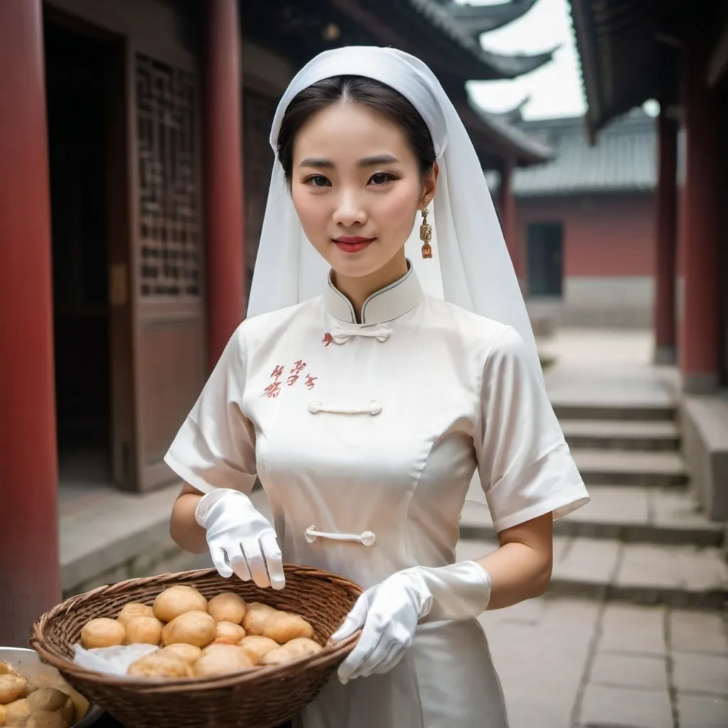 Prompt: A beautiful Chinese woman wears short-sleeves clothes, and white long silk gloves. Modest Catholic Attire. She helps distributing food.